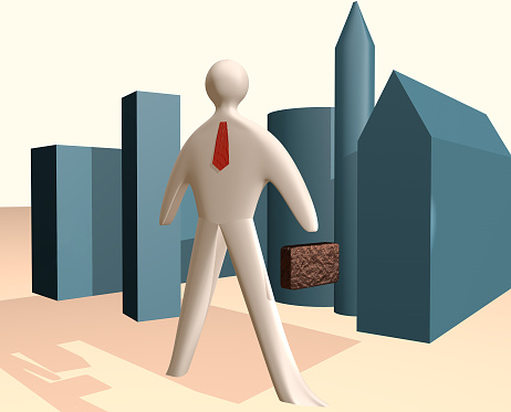 3d businessman illustration with case and red tie on big city background