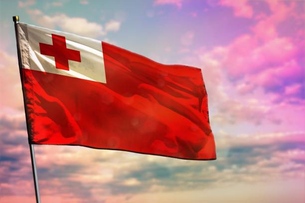 istock Fluttering Tonga flag on colorful cloudy sky background. Prosperity concept. 1079528110