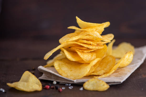 istock Potato chips in bowl on a wooden background, Selective focus 1079537604