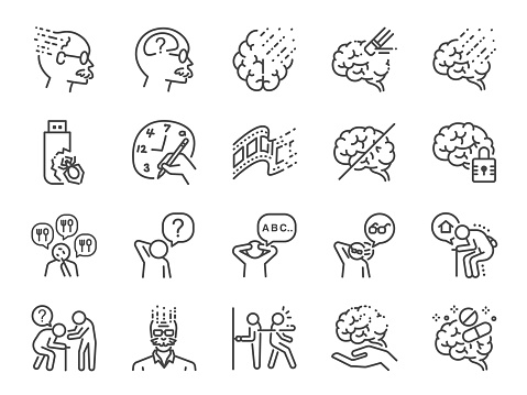 Alzheimer's & Brain Awareness line icon set. Included the icons as Alzheimer, brain disease, Savant syndrome, mental disabilities, Down syndrome and more.