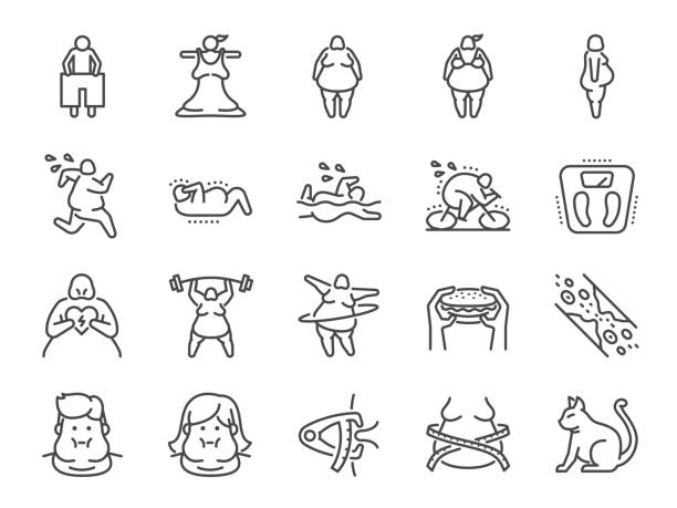 ilustrações de stock, clip art, desenhos animados e ícones de overweight line icon set. included the icons as fat, cholesterol, lose weight, exercise, scales and more. - dieting overweight weight scale healthcare and medicine