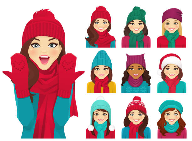 Women set in hats Women in autumn and winter knitted hats with warm scarfs vector illustration isolated beanie hat stock illustrations