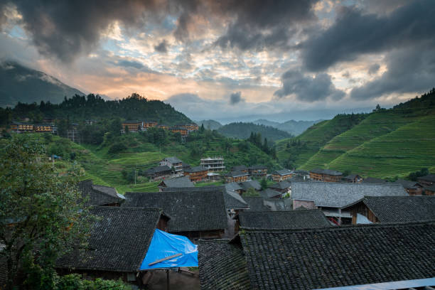 Sunset at Longji Jinkeng Rice terrace area in Guangxi, China. A traditional Village with a minority population, catering to tourists visiting during each season of the harvest. Shot on September 13 2017 the rice plants are all turning from green to yellow ready for harvest soon.