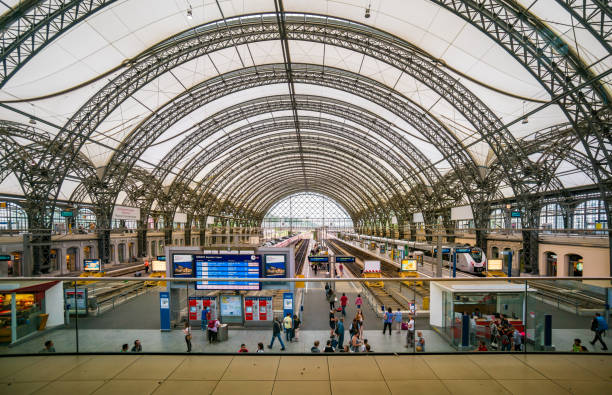 Dresden, Germany - July 3, 2016:  view showing Dresden Hauptbahnhof , train station with passengers can be seen on the background
