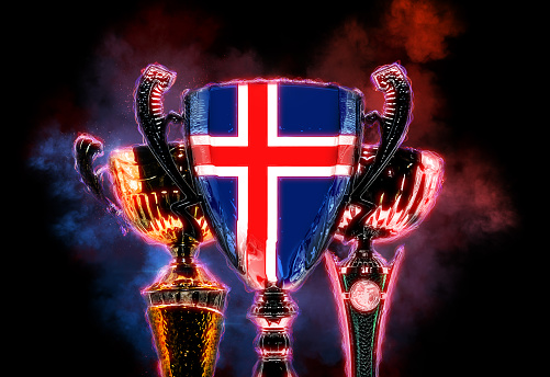Trophy cup textured with flag of Iceland. Digital illustration.