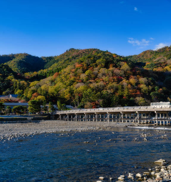 a ponte togetsukyo, arashiyama, kyoto, japão, no outono. - togetsu kyo bridge - fotografias e filmes do acervo