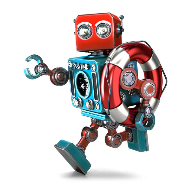 istock Vintage robot run with lifebuoy. Isolated. Contains clipping path 1079580842