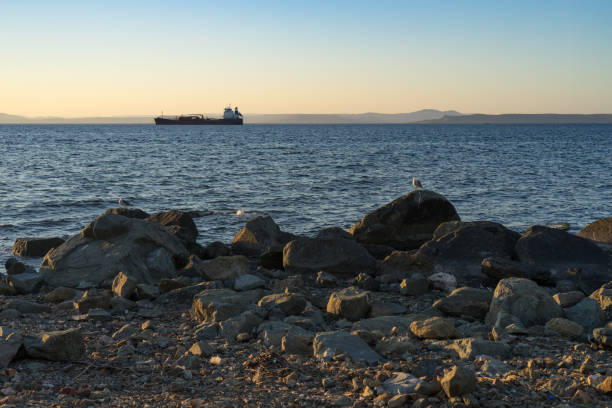 istock Seascape with beautiful sunset and ships on the horizon. 1079582258
