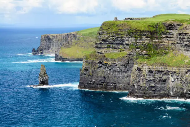Cliffs of Moher is a very famous natural tourist attraction on the Atlantic ocean cost in Ireland