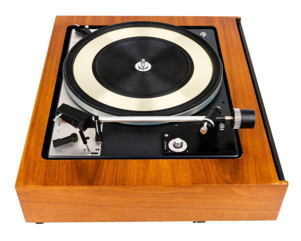 istock Side view of vintage turntable vinyl record player isolated on white 1079589882