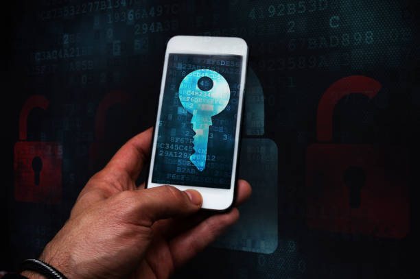 cyber crime hacker using mobile phone, mobile security breach - Smartphone data theft concept. cyber crime hacker using mobile phone, mobile security breach. interception stock pictures, royalty-free photos & images
