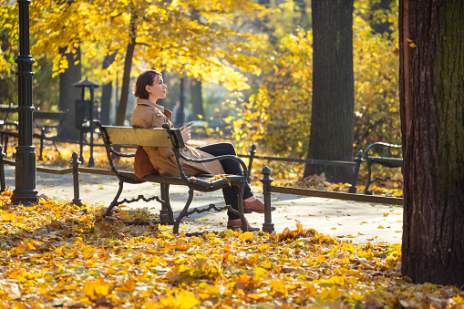 Woman sitting on a bench in an autumnal park in sunny, beautiful day (Kraków, Poland). yellow foliage