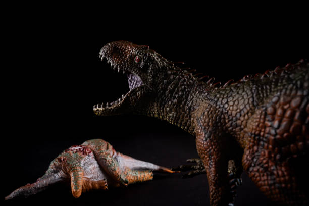 istock Carcharodontosaurus in front of a stegosaurus body on dark background 1079596264