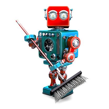 Robot cleaner with a broom. 3D illustration. Isolated. Contains clipping path.