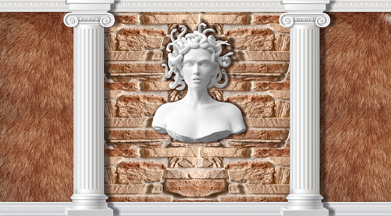 3d background, columns, fur and statue Medusa. Ancient Greek Mythology.