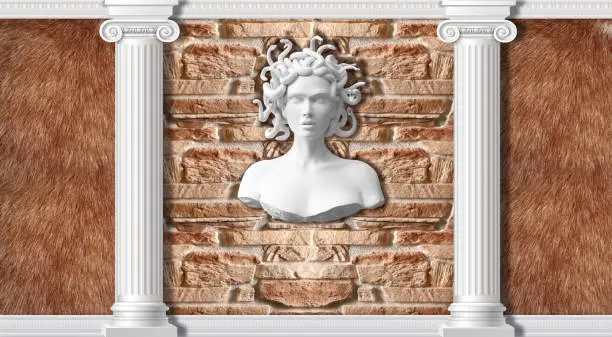 3d background, columns, fur and statue Medusa. Ancient Greek Mythology. 3d background in classical style