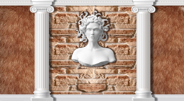 3d background, columns, fur and statue medusa. ancient greek mythology. - medusa greek mythology mythology gorgon imagens e fotografias de stock