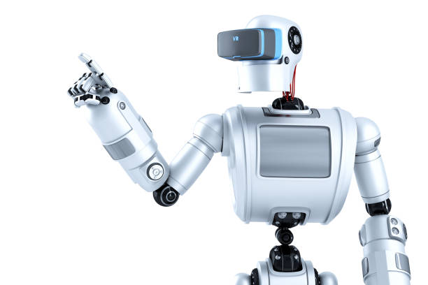 istock Robot in a virtual reality helmet pointing at invisible object. Isolated. Contains clipping path 1079607148