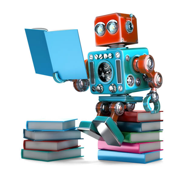 istock Retro Robot reading  books. Isolated. 3D illustration. Contains clipping path 1079608164