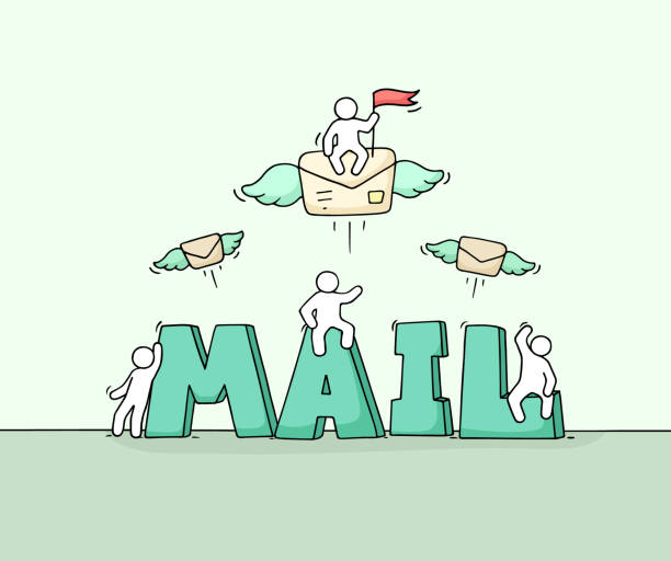 illustrations, cliparts, dessins animés et icônes de croquis du petit peuple avec word mail. - postal worker delivering mail post office
