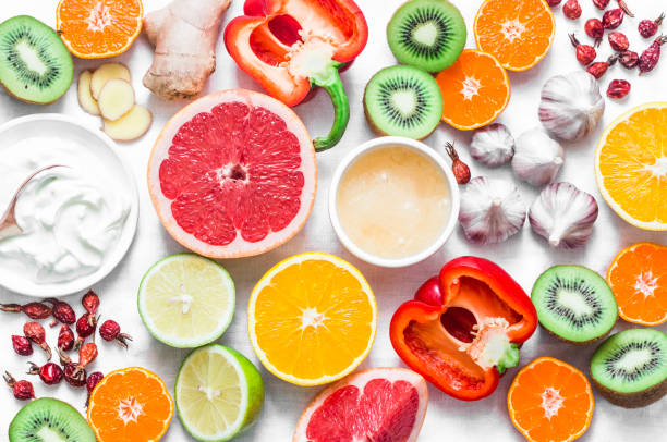 Immunity Boosting Food Set On A Light Background Healthy Lifestyle Concept Winter Prevention Of Colds Flat Lay Top View Stock Photo - Download Image Now - iStock