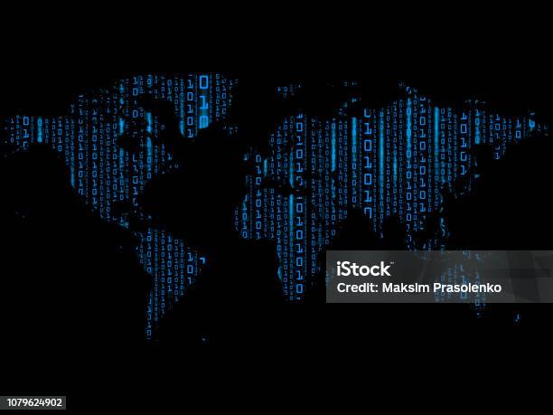 Computer Matrix Map Digital Background Of Blue Matrix On World Map Binary Computer Code ...