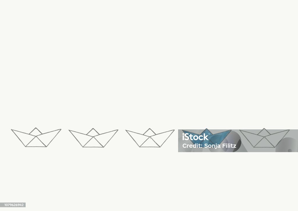 folded paper ships, boats in a row. folded paper ships, boats in a row. One is different, blue than the others Abstract stock illustration