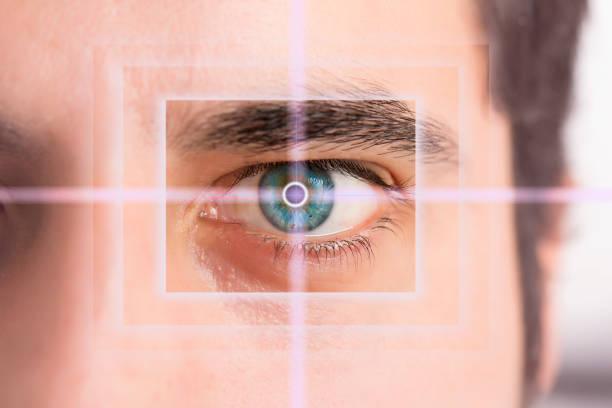 Man's eye and technological concept, smart contact lens
