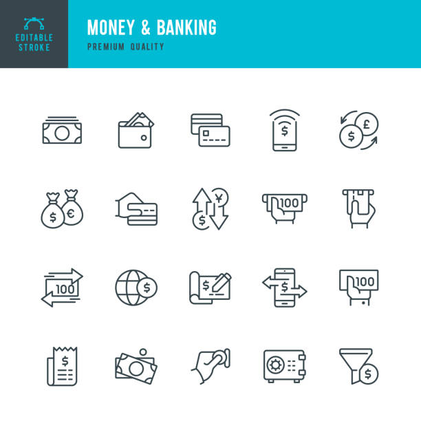 Money & Banking - set of line vector icons Set of 20 Money & Banking thin line vector icons pound symbol stock illustrations