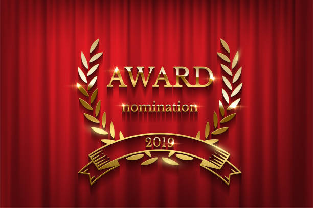Golden award sign with laurel wreath and ribbon isolated on red curtain background. Vector horizontal award ceremony invitation template. Golden award sign with laurel wreath and ribbon isolated on red curtain background. Vector horizontal award ceremony invitation template red crown logo stock illustrations