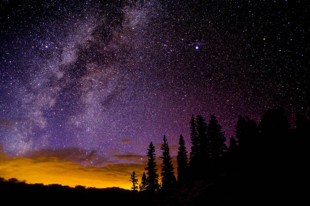 Astro Landscape with Stars and Milky Way Galaxy Astro Landscape with Stars and Milky Way Galaxy - Sky at night with clear sky of stars and glow in distance from sunset. snow sunset winter mountain stock pictures, royalty-free photos & images