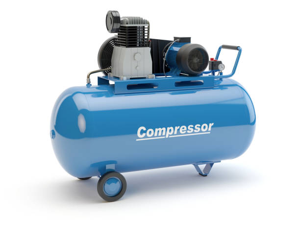 blue air compressor, 3d illustration - mobile work imagens e fotografias de stock