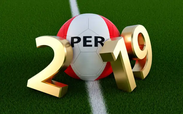 Soccer 2019 - Soccer ball in Peru flag design on a soccer field. Soccer ball representing the 0 in 2019. 3D Rendering