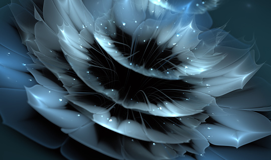 Beautiful abstract fractal flower with shiny details on petals, on black background, floral illustration in blue colours for art projects