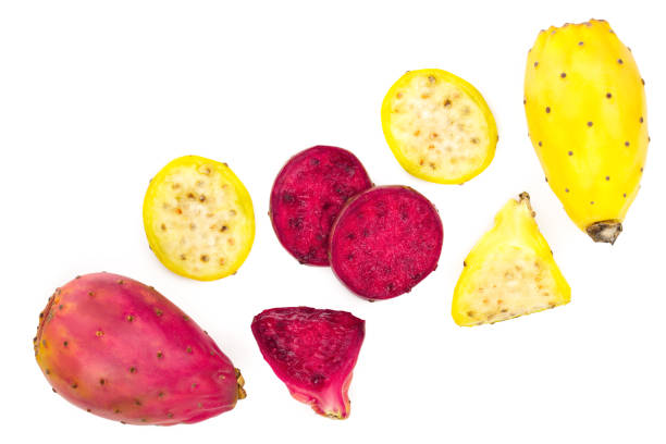 istock red end yellow prickly pear or opuntia isolated on a white background with copy space for your text. Top view. Flat lay 1079661186