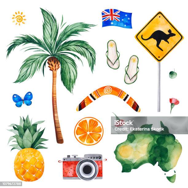 Australia Watercolor Set With Palm Treeboomerangsign Roadflagbutterflypineapplecamera Stock Illustration - Download Image Now