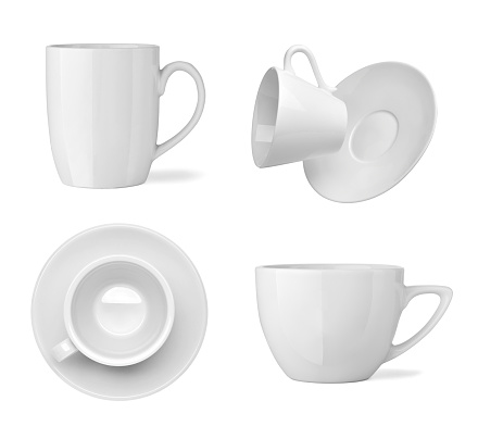 collection of  various white cup on white background. each one is shot separately
