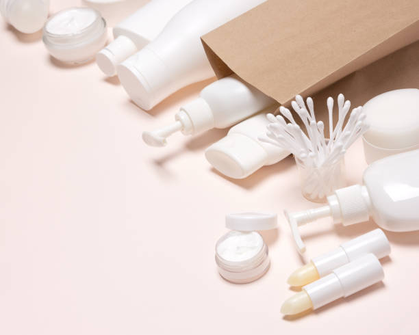 istock Cosmetic products with kraft paper merchandise bag, copy space 1079688140