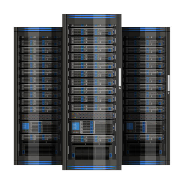 Illustration of network server Three server racks with equipment, data center on white background ,illustration of network server, flat design. EPS 10 contains transparency. network server stock illustrations