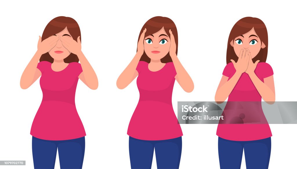 Set of young woman closing/covering her eyes, ears and mouth like the three wise monkeys. Do not see, hear and speak concept. Human emotion and body language concept illustration in vector cartoon. Mouth stock vector