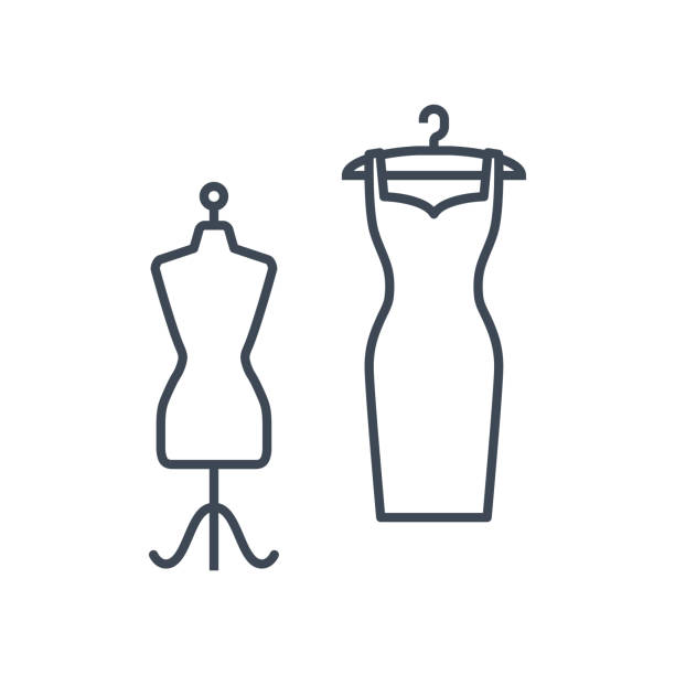 thin line icon clothes hanger with dress and mannequin vector art illustration