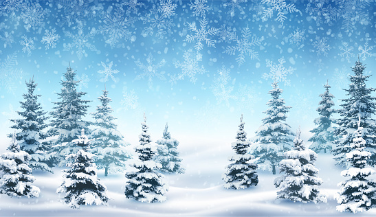 Illustration of snowfall and forest, background for christmas and new year greeting cards, and invitations, and winter holiday season. EPS 10 contains transparency.