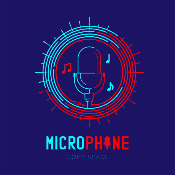 Retro Microphone logo icon outline stroke with music note in staff circle frame dash line design illustration isolated on dark blue background with Microphone text and copy space, vector eps 10 Retro Microphone logo icon outline stroke with music note in staff circle frame dash line design illustration isolated on dark blue background with Microphone text and copy space, vector eps 10 microphone borders stock illustrations