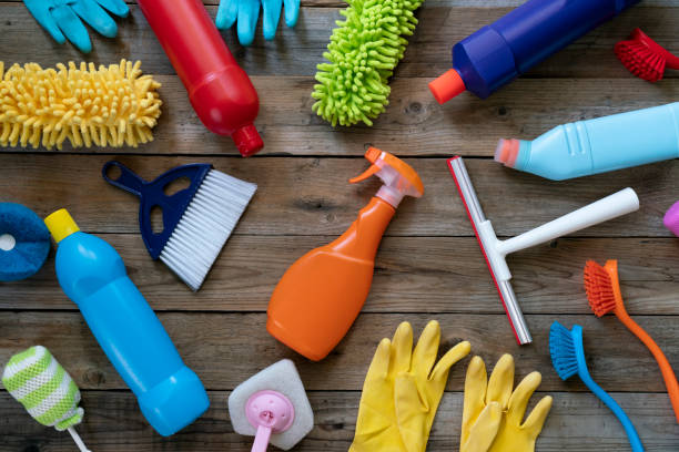istock House cleaning product on wood table 1079719646