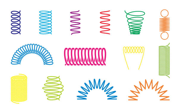 illustrazioni stock, clip art, cartoni animati e icone di tendenza di la spirale sgorga da diverse forme e tipi di colore. icone vettoriali di cavi a filo vorticoso o curvo, ammortizzatori o parti di apparecchiature - springs spiral flexibility metal