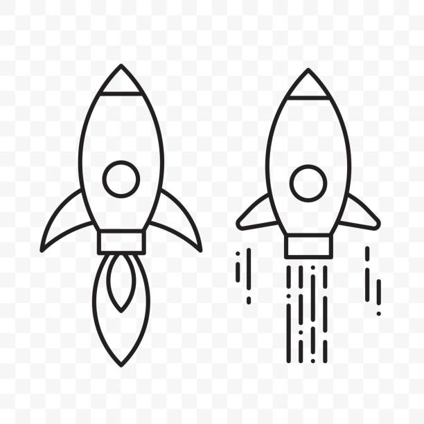 Rocket thin line vector start up project icons set Rocket launch logo or thin line space shuttle vector icons for startup project or space exploration rocketship illustrations stock illustrations