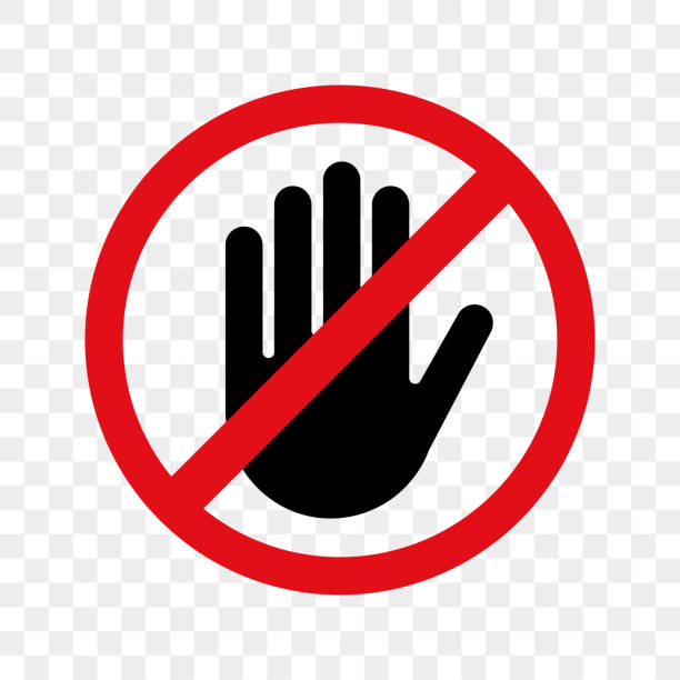 ilustraciones, imágenes clip art, dibujos animados e iconos de stock de icono de aviso de vector de mano para ninguna entrada de detener o no toque el signo - física