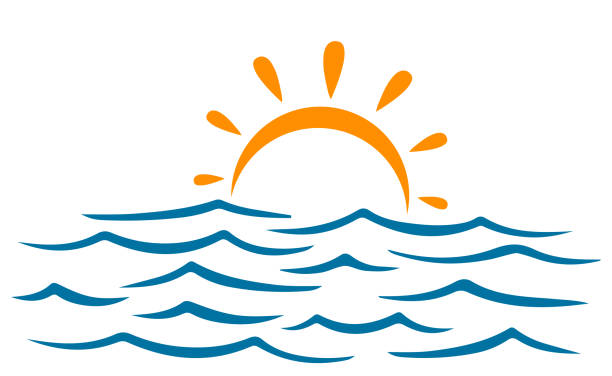 바다, 푸른 바다와 태양-재고 벡터 - river wave symbol sun stock illustrations