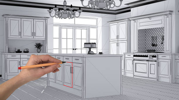 istock Interior design project concept, hand drawing custom architecture, black and white ink sketch, blueprint showing classic vintage luxury kitchen, island with chandeliers pendant lamps 1079732518