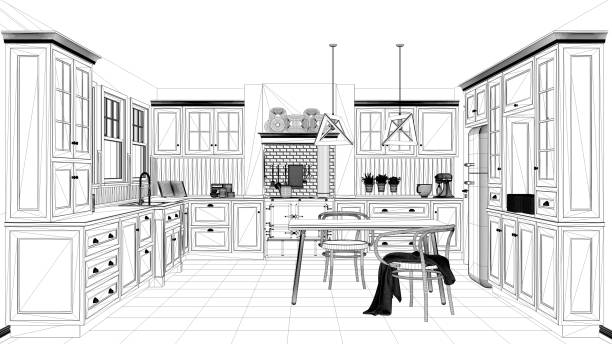 Interior design project, black and white ink sketch, architecture blueprint showing classic kitchen with dining table and chairs, windows and morning light, contemporary architecture